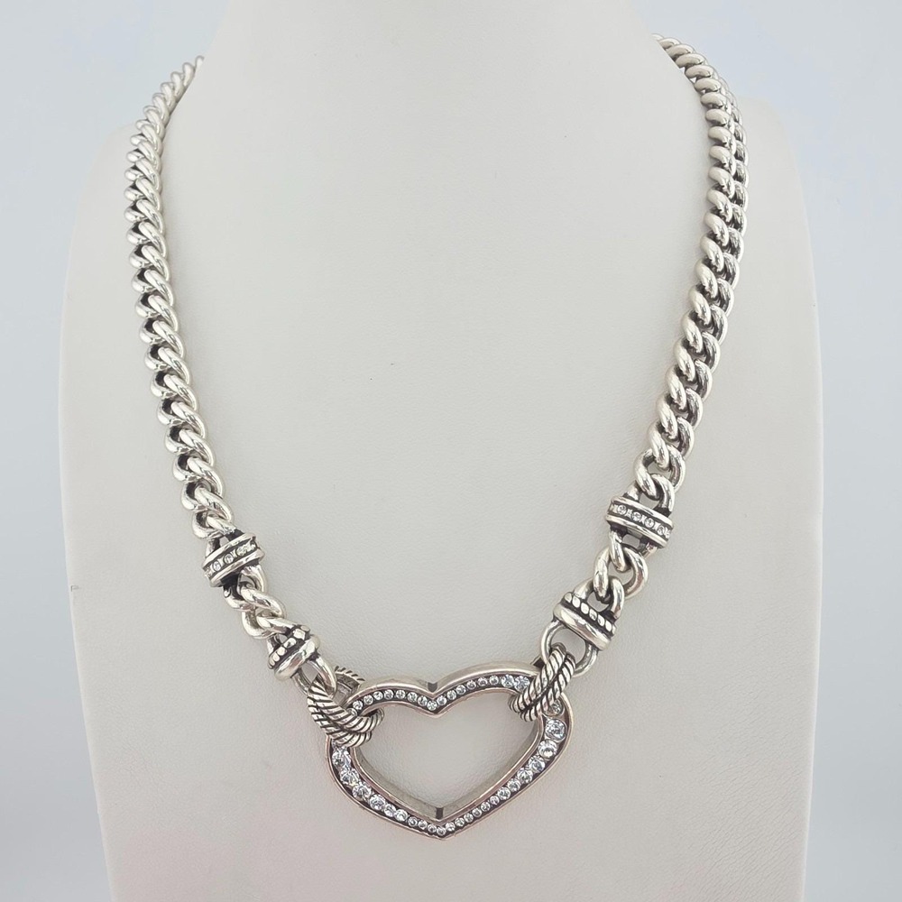 BRIGHTON 'Urban Lights' Heart Necklace Reversible Crystal Silver Plate Curb 16"